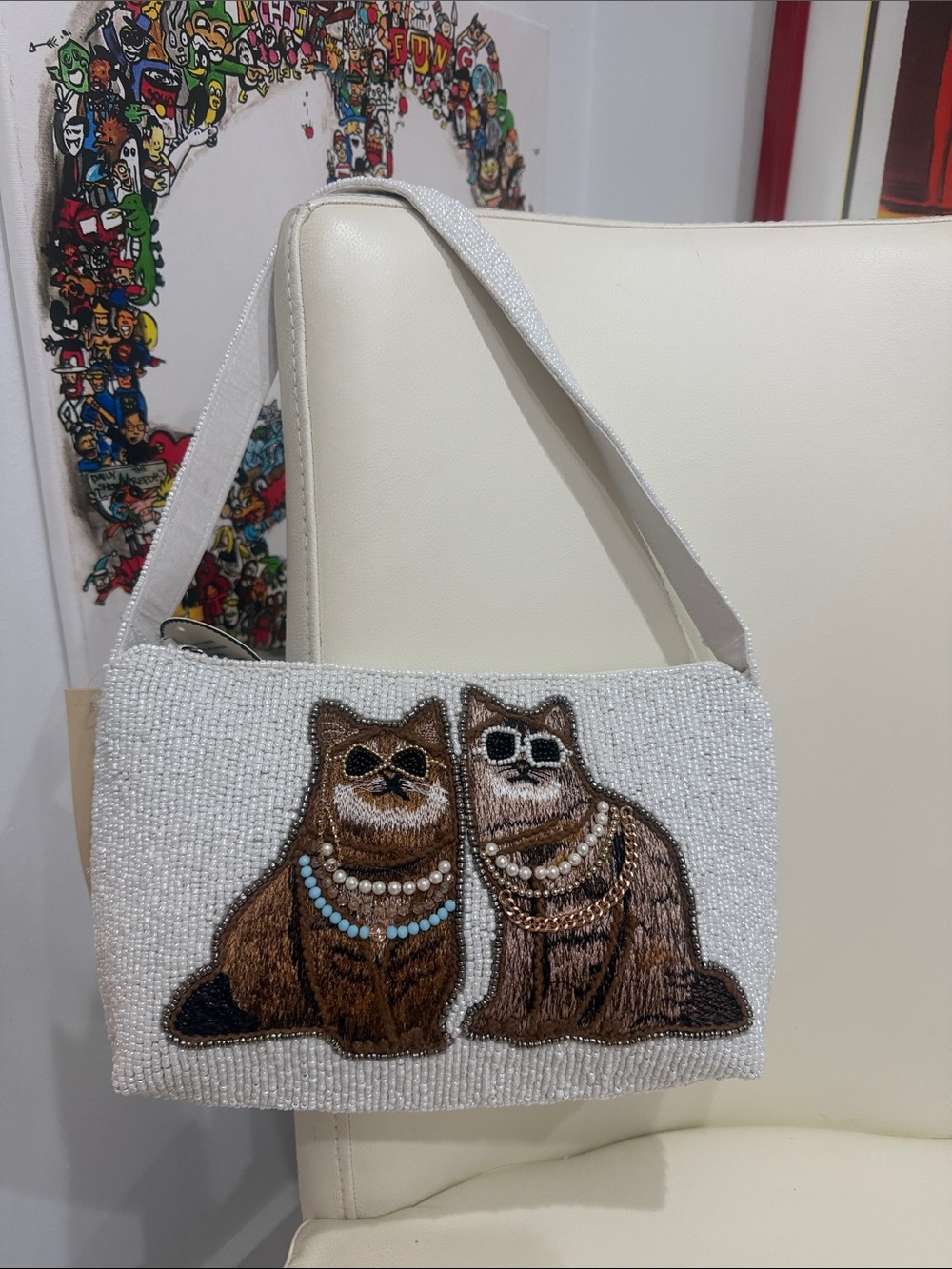 Studio 12 Hand Beaded White/Brown Shoulder Bag with Embroidered Brown Cat Duo
